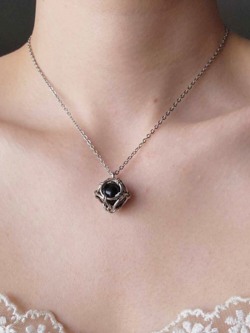Gothic black and silver necklace with a small silver chain